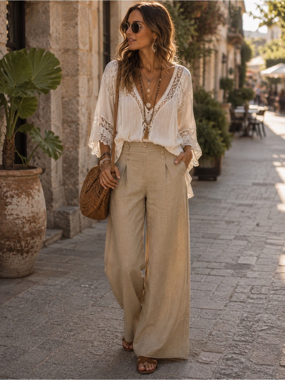 Theory Wide Leg Linen Blend Tan Pants Womens size 29 W
